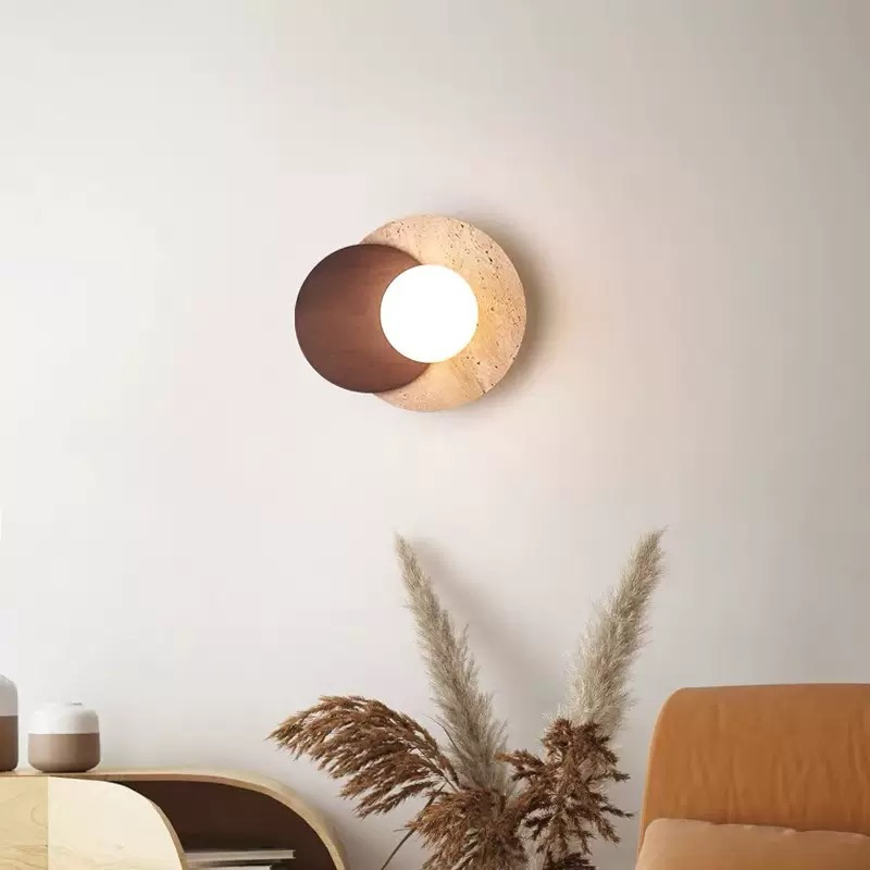 Walnut Wood Color Retro Wabi-Sabi Style Vintage Yellow Travertine Stone Round Wall Lamp for Bedroom Livingroom Hallway