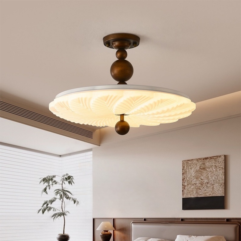 Walnut Wood Resin Leaf Shape LED Flush Mount Ceiling Light Tri-Color Dimming