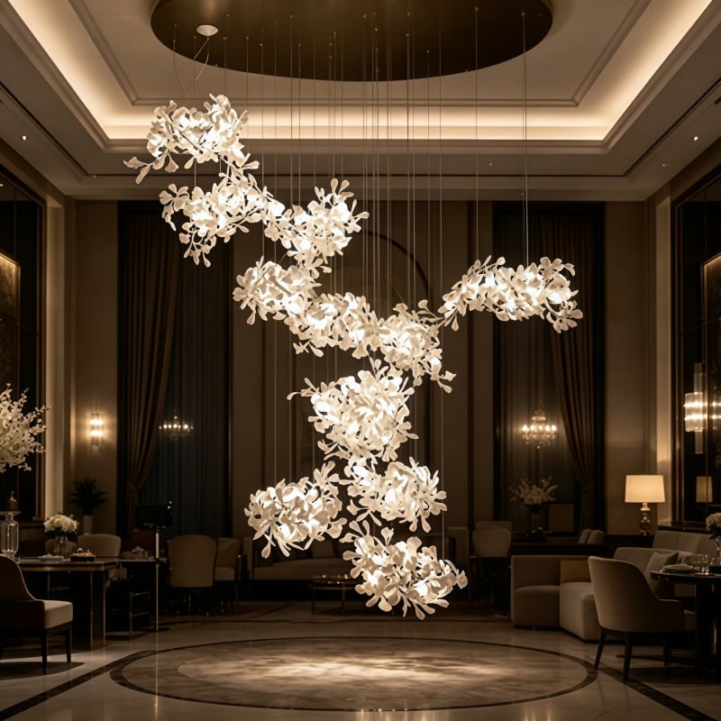 Modern Ginkgo Leaf Design Large Chandelier Luxury Ceramic Decorative Living Room Stairway Hanging Light for Home Hotel