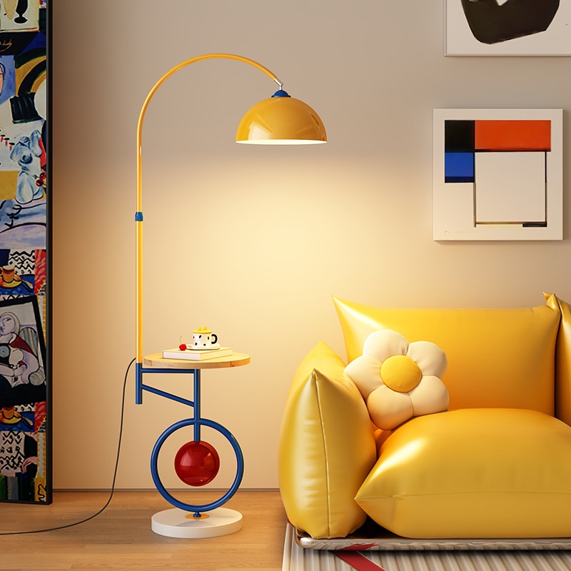 Playful Adjustable Iron Wood Floor Lamp with Side Table for Home Decor