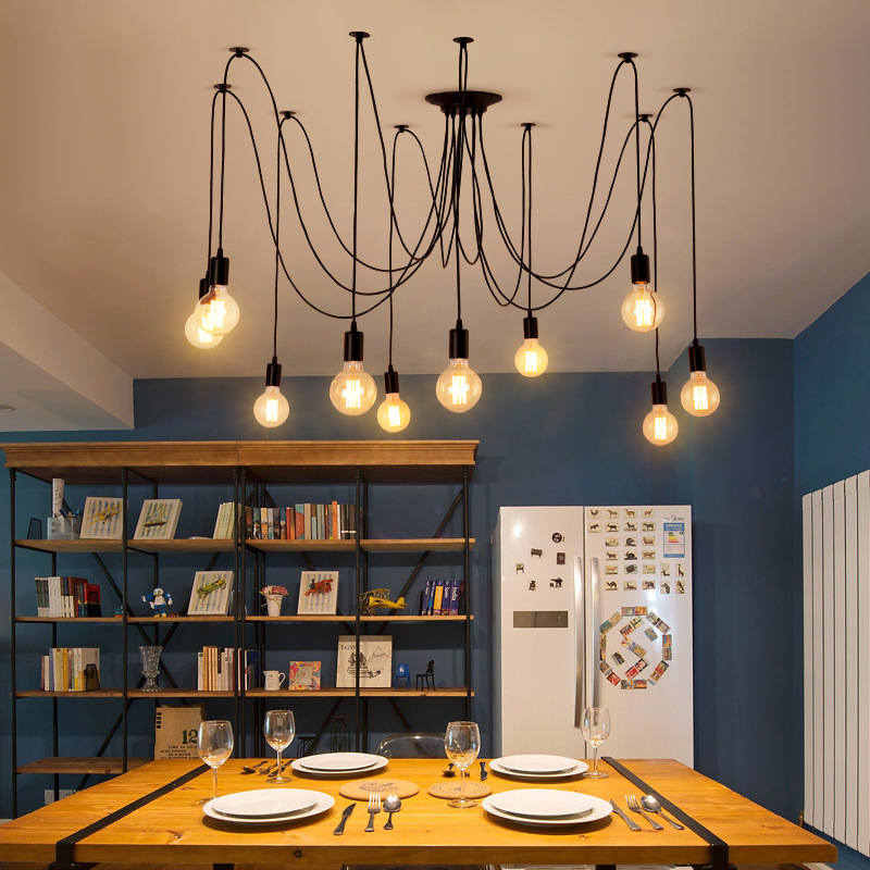 Indoor Vintage Pendant Light Retro Edison Bulb Black Iron Multi-heads Industrial Lighting Chandelier