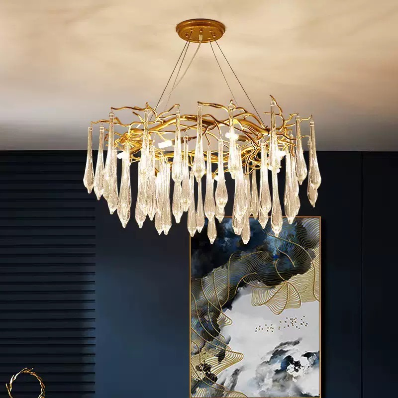 New Luxury Iron Crystal LED Chandelier Adjustable Height Villa Art Living Room Creative Water Drop Ceiling Lamp