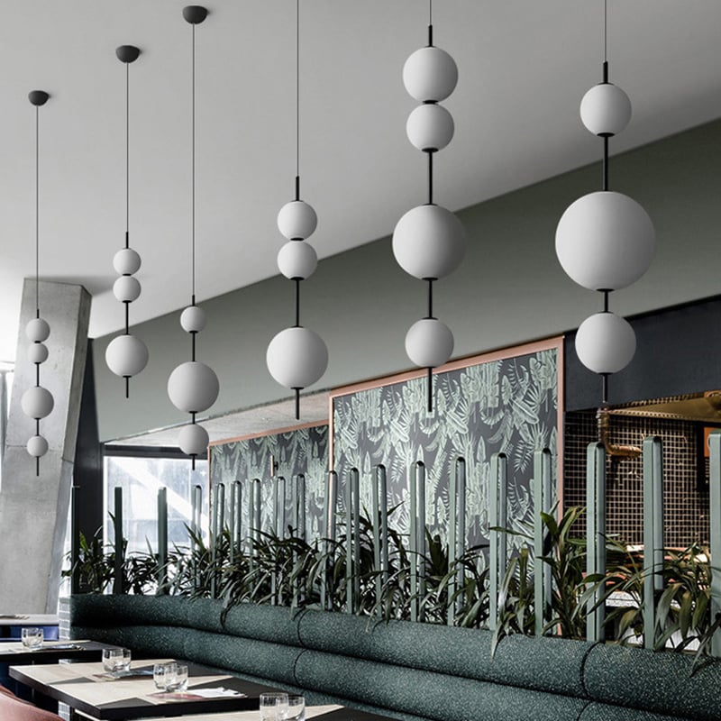 Simple Modern White Glass Ball Metal Tube LED Indoor Chandelier Pendant Light