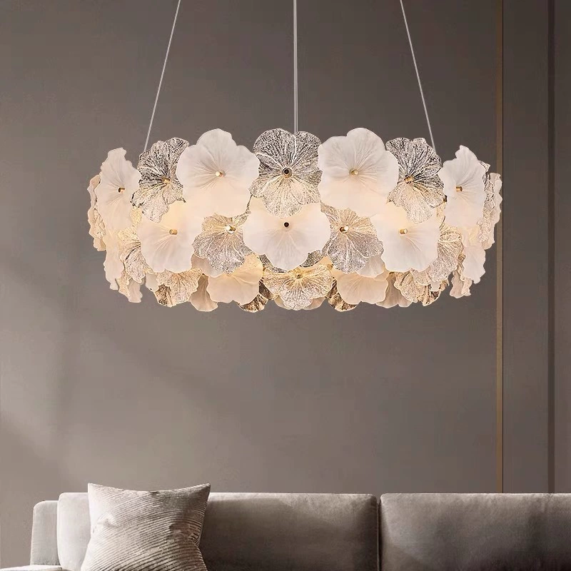 French Creative Light Luxury Romantic Petal Glass Hanging Light Hotel Restaurant Bedroom Pendant Light