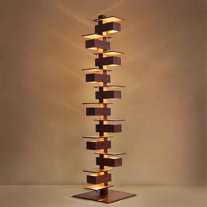 Modern Sculptural Stacked Wood Floor Lamp 3-Color Dimming Foot Switch For Home