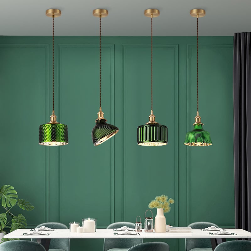 Rural Style Retro Green Glass Lampshade Brass Flower Room Illumination Lustre