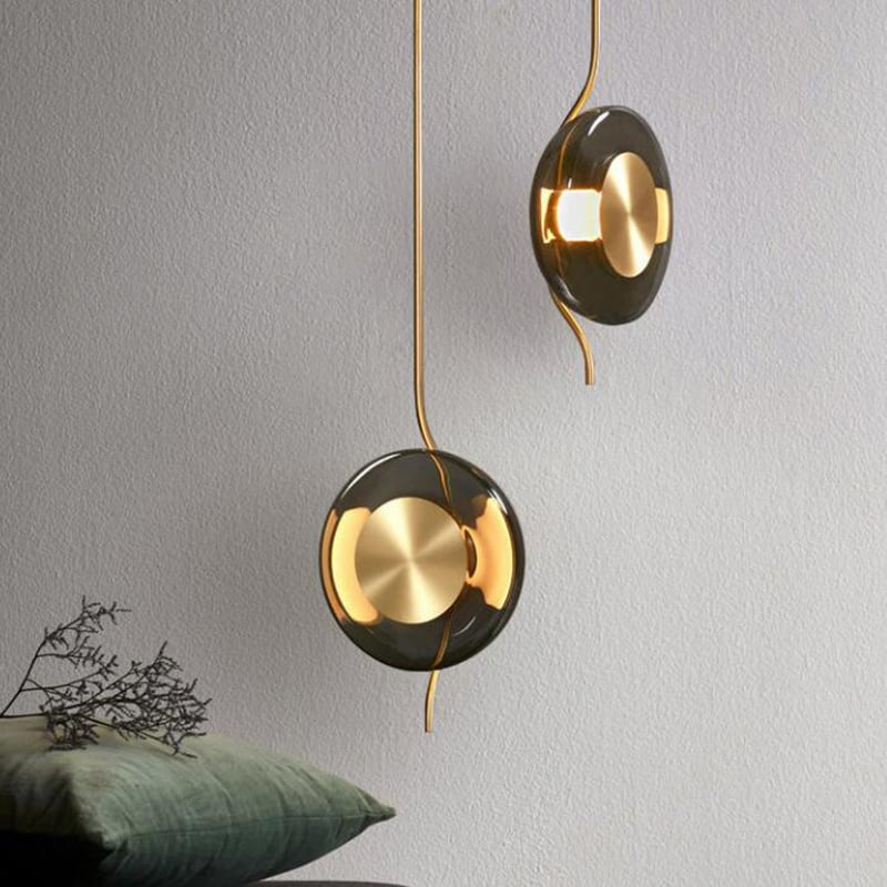 Nordic Semi-circular Gray Glass Lampshade Metal Rod Decoration LED Pendant Light