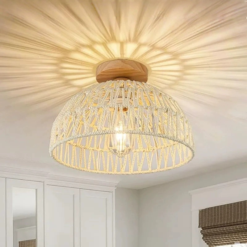 Hanging Lamp Pendant Light DIY Handwoven Paper Rope Lampshade for Home Restaurant