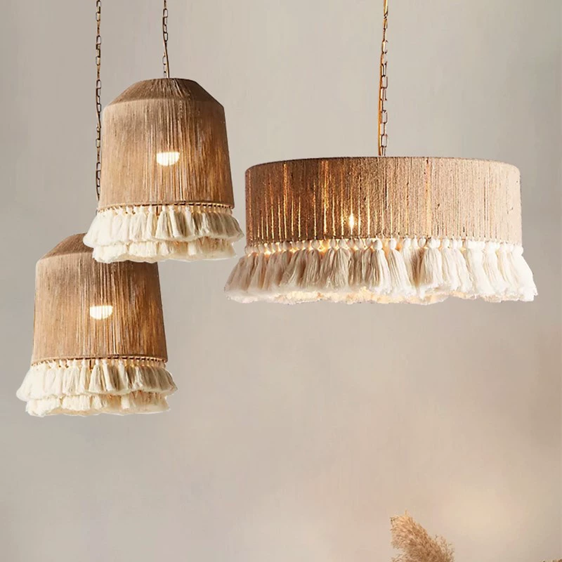 Bohemian retro hemp rope tassel pendant lamp for hotel restaurant