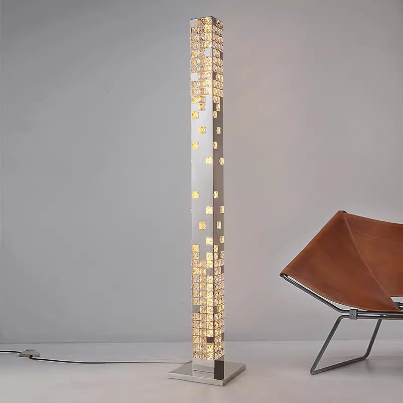 Square Column Chrome Metal Crystal LED Floor Lamp for Luxury Home Decor