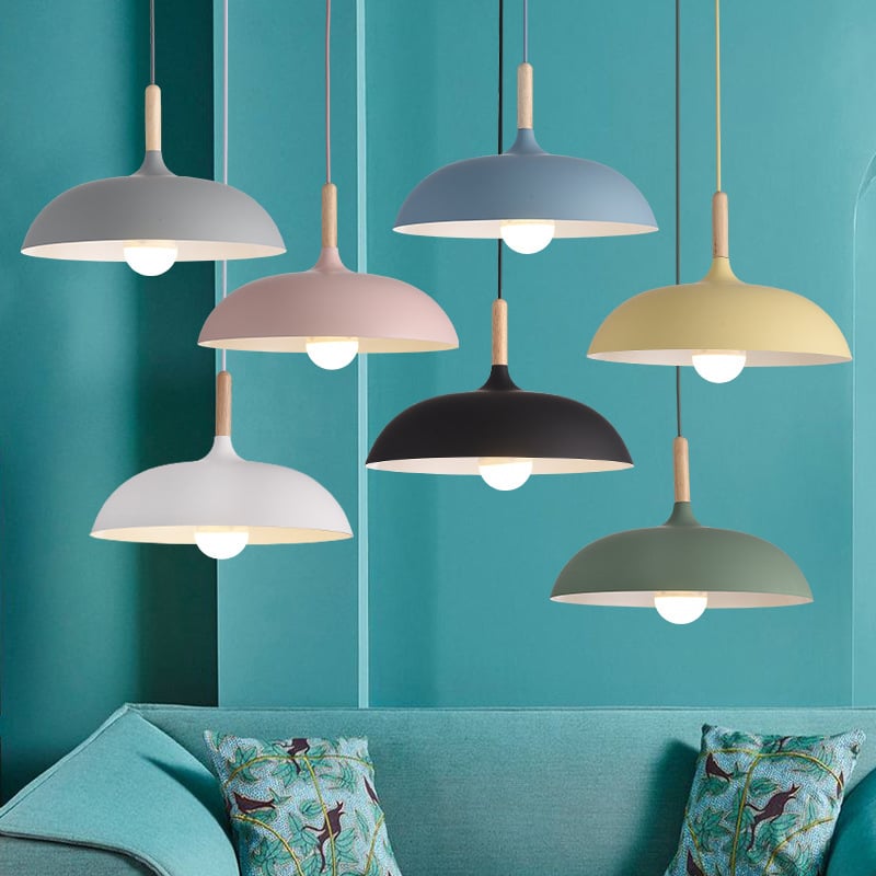 Japanese Macaron Colored Restaurant Wooden Aluminum LED Pot Lid Pendant Light