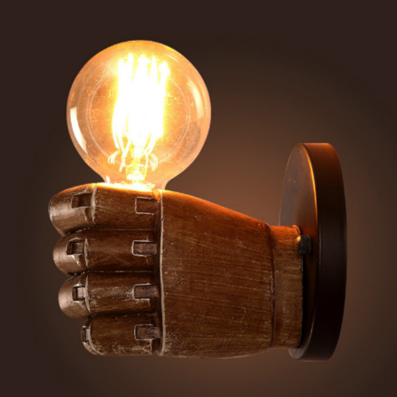 Hand-Shaped Modern Garden Wall Lighting Industrial Creative Bedside Decor for Outdoor Living Room Iron Body with Wood Base