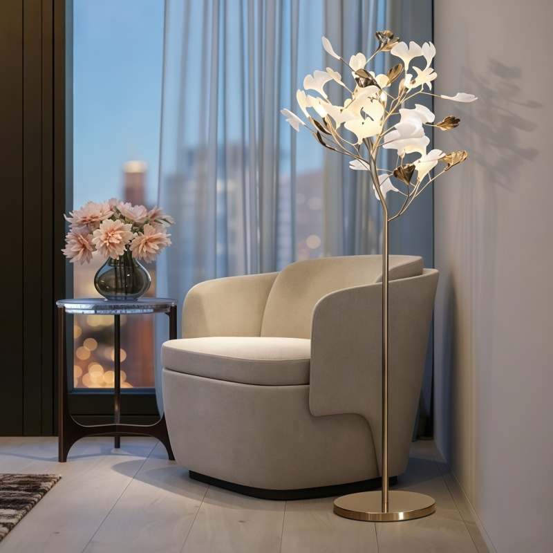Modern Ginkgo Leaf Design Floor Lamp Luxury Ceramic Decorative Living Room Bedroom Standing Light for Home Hotel