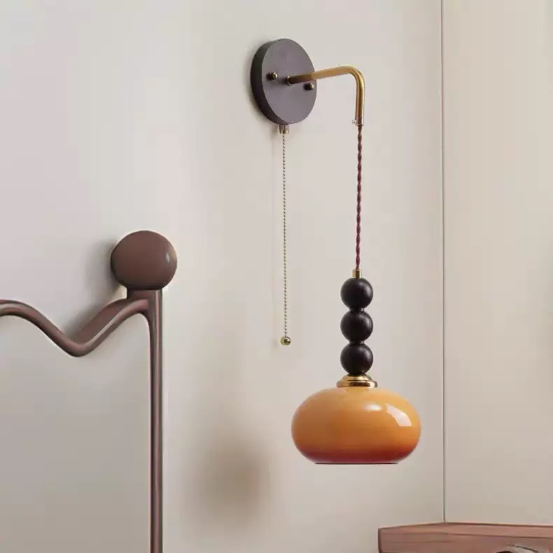 Vintage Solid Wood Glass Shade Wall Lamp for Hallway Living room Bedroom