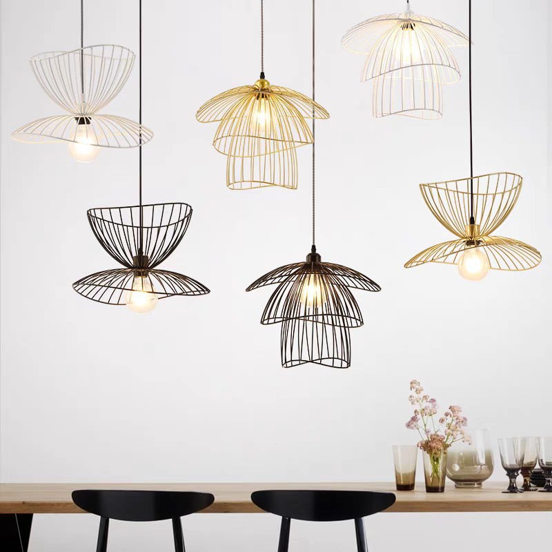 Nordic Wrought Iron Straw Hat Hollowed Decorative Pendant Light for Restaurant