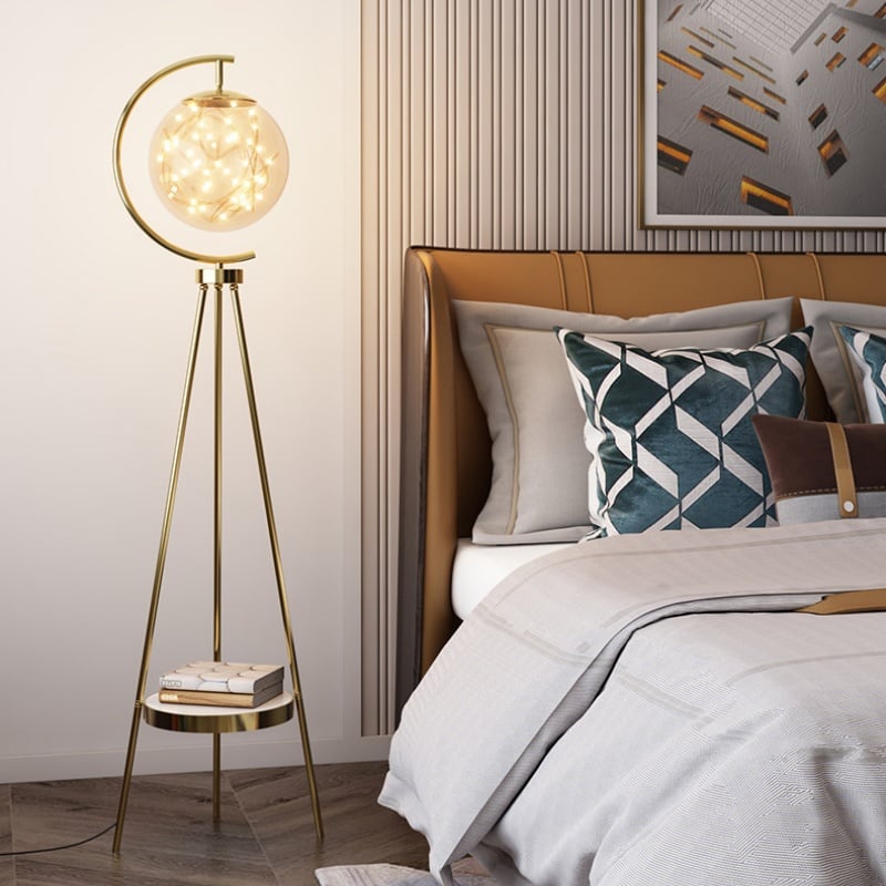 Modern Tripod Globe LED Floor Lamp with Tray Metal Glass Foot Switch
