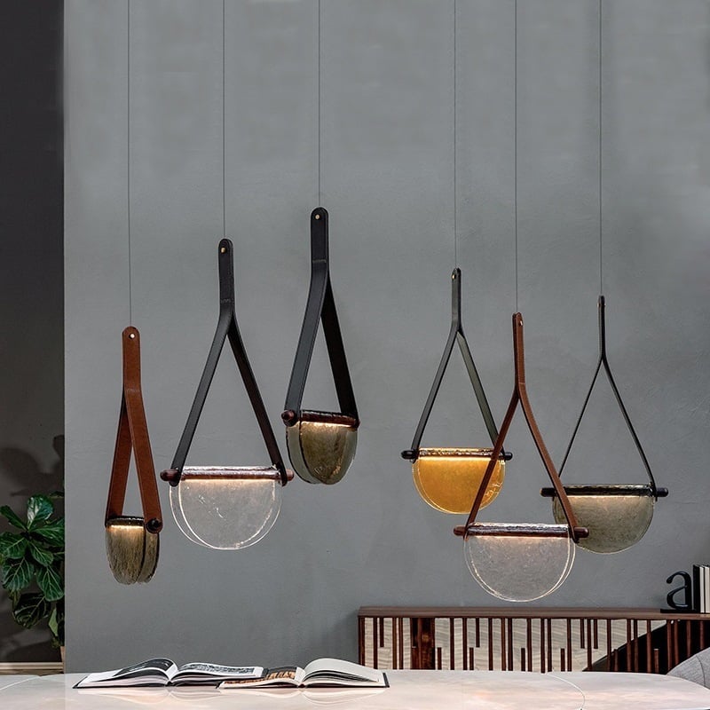Modern Semicircular Glass Handmade Leather Belt Luxury Pendant Light