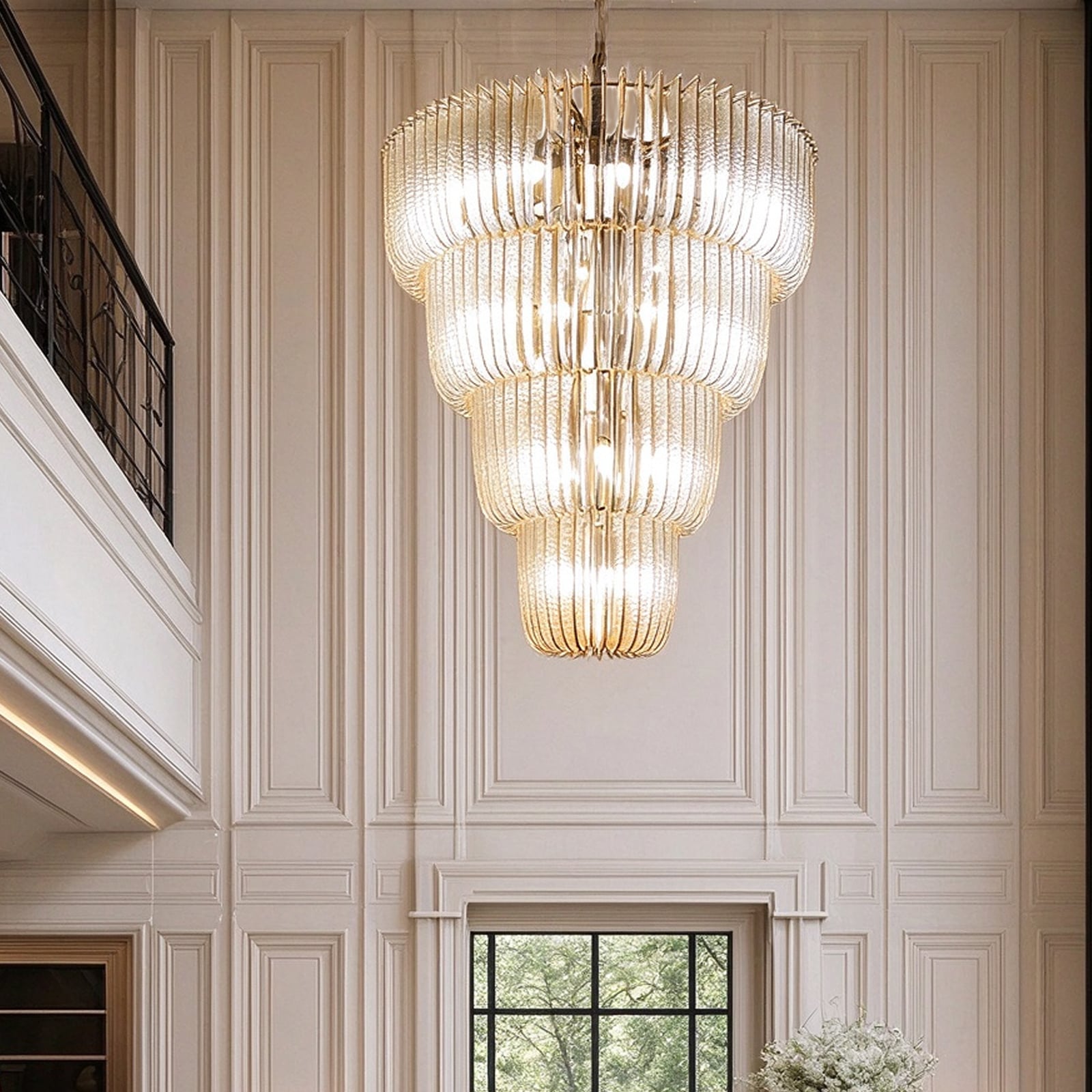Modern Tiered Glass Pendant Chandelier with Gold-Tone Metal Frame and Textured Clear Glass Strips, D950 Multi-Layer Hanging Light for Living Room and Stairwell Void