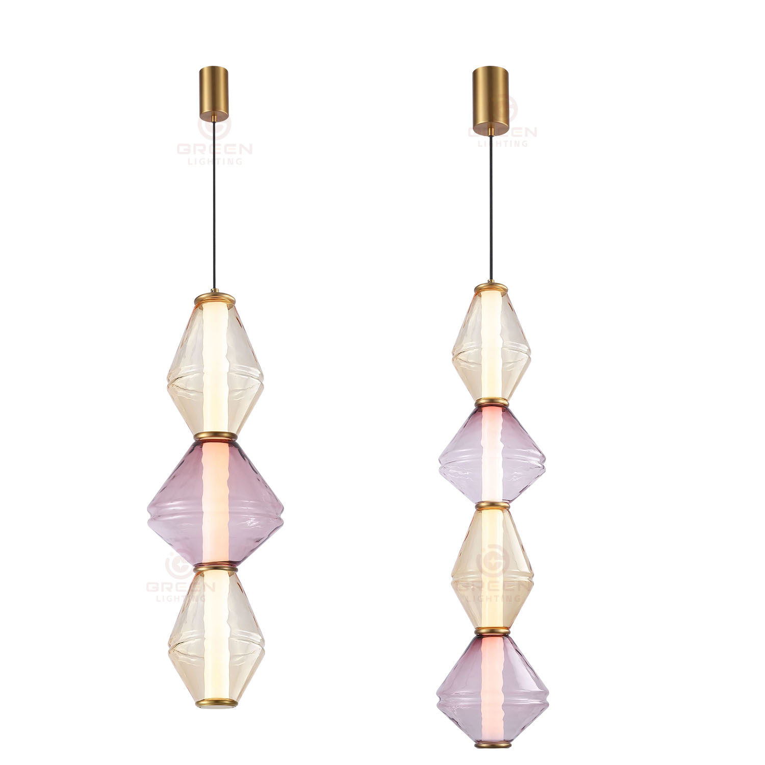 Suspension linéaire LED à facettes géométriques, finitions métalliques polies dorées avec des prismes alternés en verre transparent ambre et améthyste, suspension simple point pour salle à manger, salon et chambre à coucher