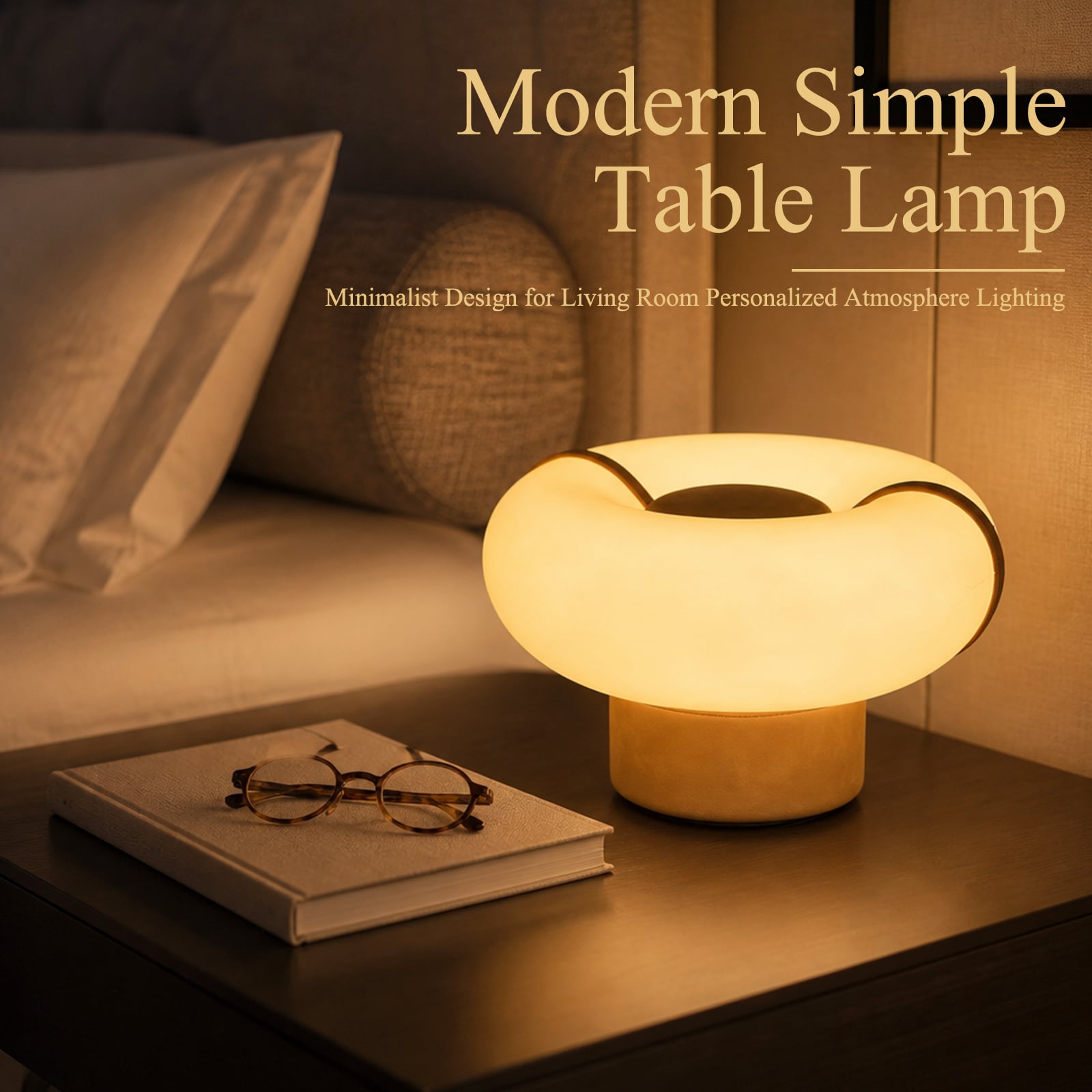Modern Rounded Glass Table Lamp with Caramel Leather Base, Caramel Leather Top Disc and Caramel Leather Trim, Warm Ambient Tabletop Light for Living Room and Office