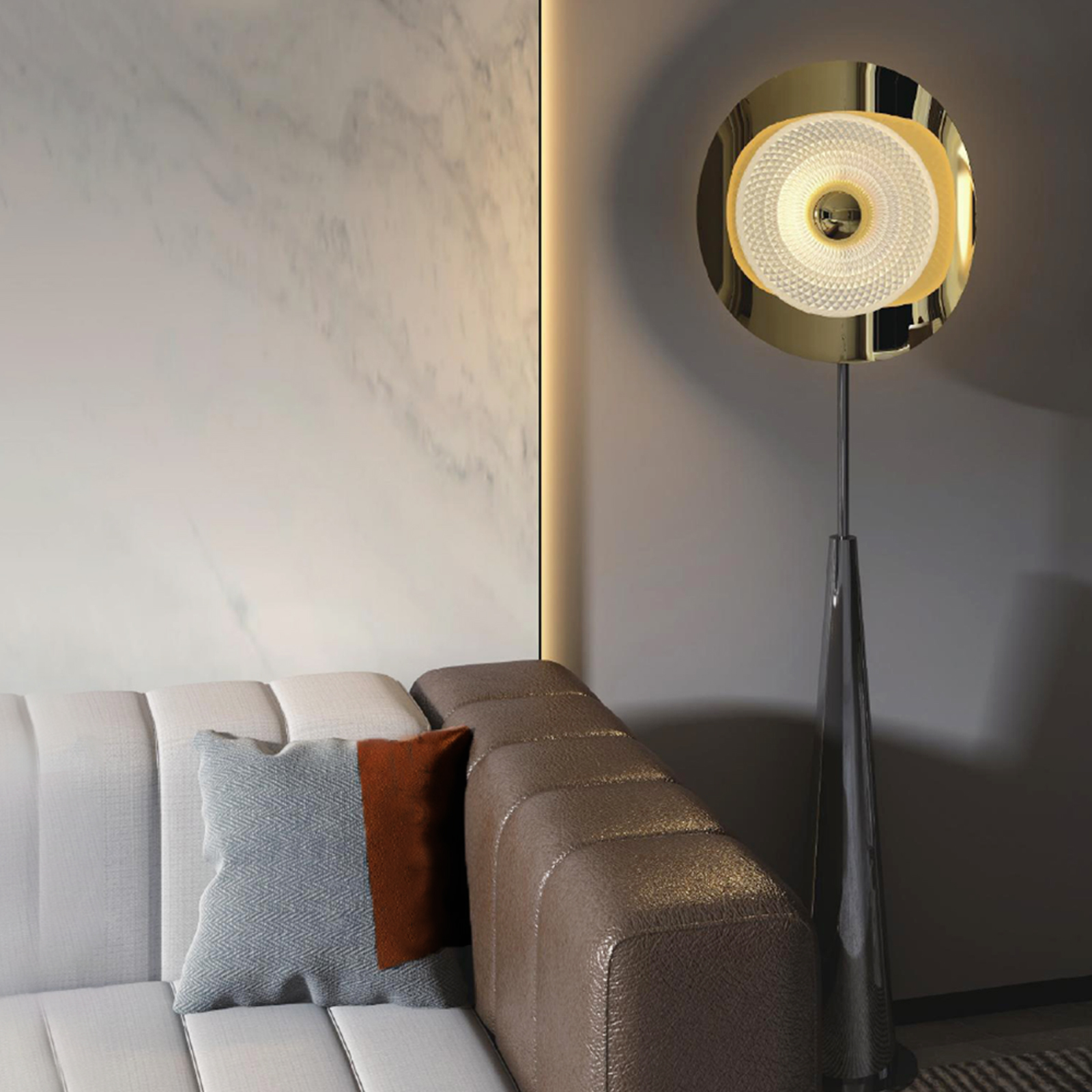 Modern Sculptural Floor Lamp with Round Textured Light Disc, Gold-Tone Circular Backplate and Dark Tapered Stand