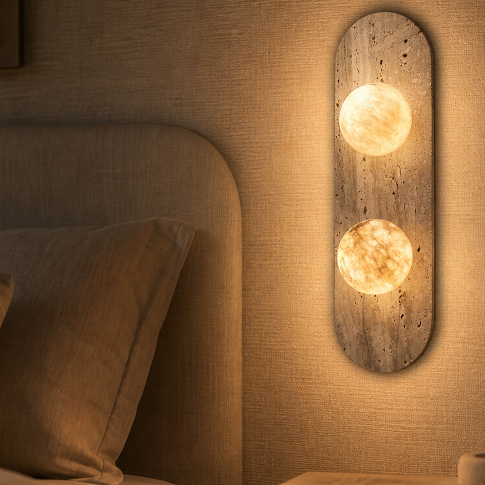 Modern Textured Wall Light with Rounded Vertical Backplate and Two Circular Light Elements, Decorative Wall Sconce
