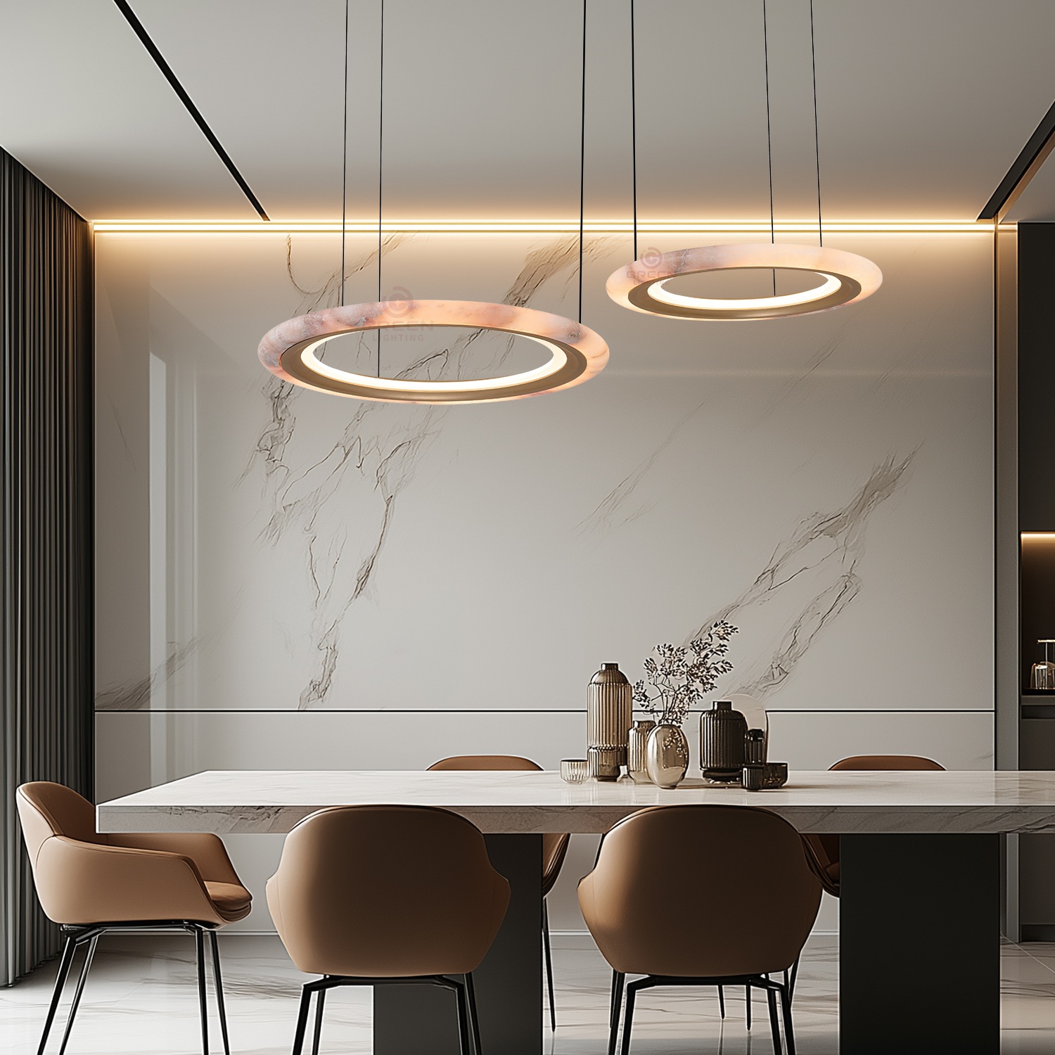 Suspension-chandelier LED moderne et luxueuse à double anneau asymétrique, anneaux métalliques brossés en bronze avec accents intérieurs dorés mats, suspension LED 220 V pour salle à manger, salon ou hall d’hôtel