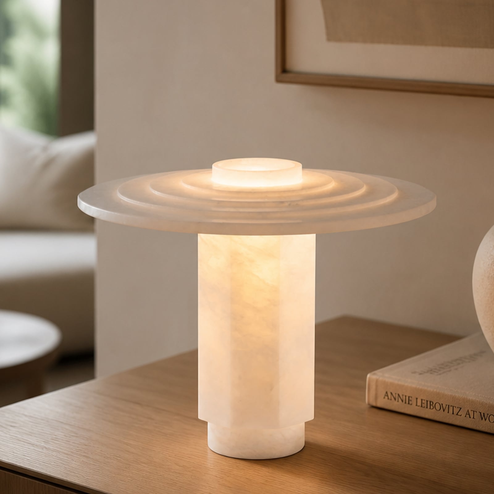 Modern Sculptural Table Lamp with Layered Round Disc Top and Light Veined Cylindrical Body, Decorative Ambient Table Light