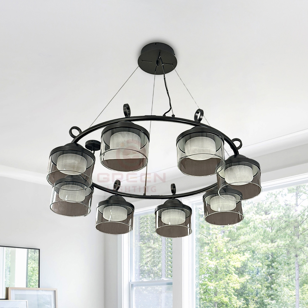 8-Light Smoky Gray Glass Ring Chandelier, Matte Black Metal Frame with Semi-Transparent Glass Shades, 220V Suspension Pendant Light for Dining Room Living Room Bedroom