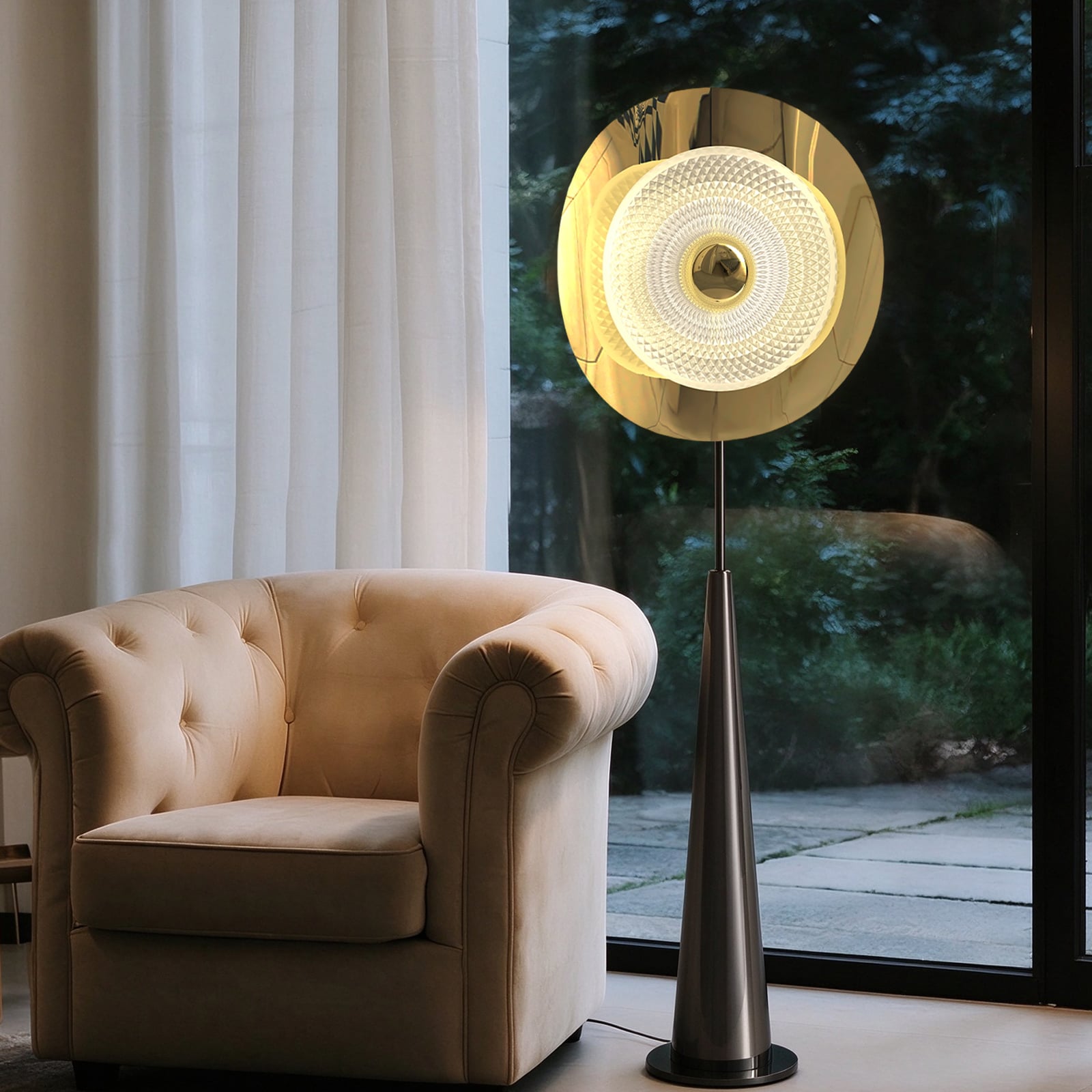 Modern Sculptural Floor Lamp with Round Textured Light Disc, Gold-Tone Circular Backplate and Dark Tapered Stand
