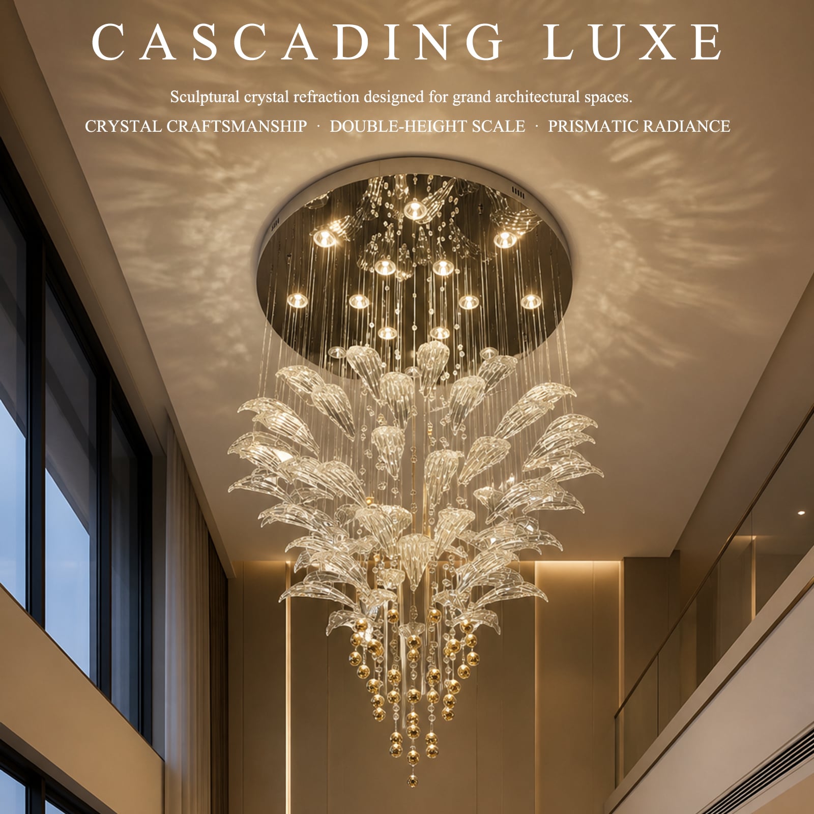 Modern Cascading Crystal Chandelier with Layered Crystal Leaf Drops and Beaded Strands, Decorative Ceiling Pendant Light