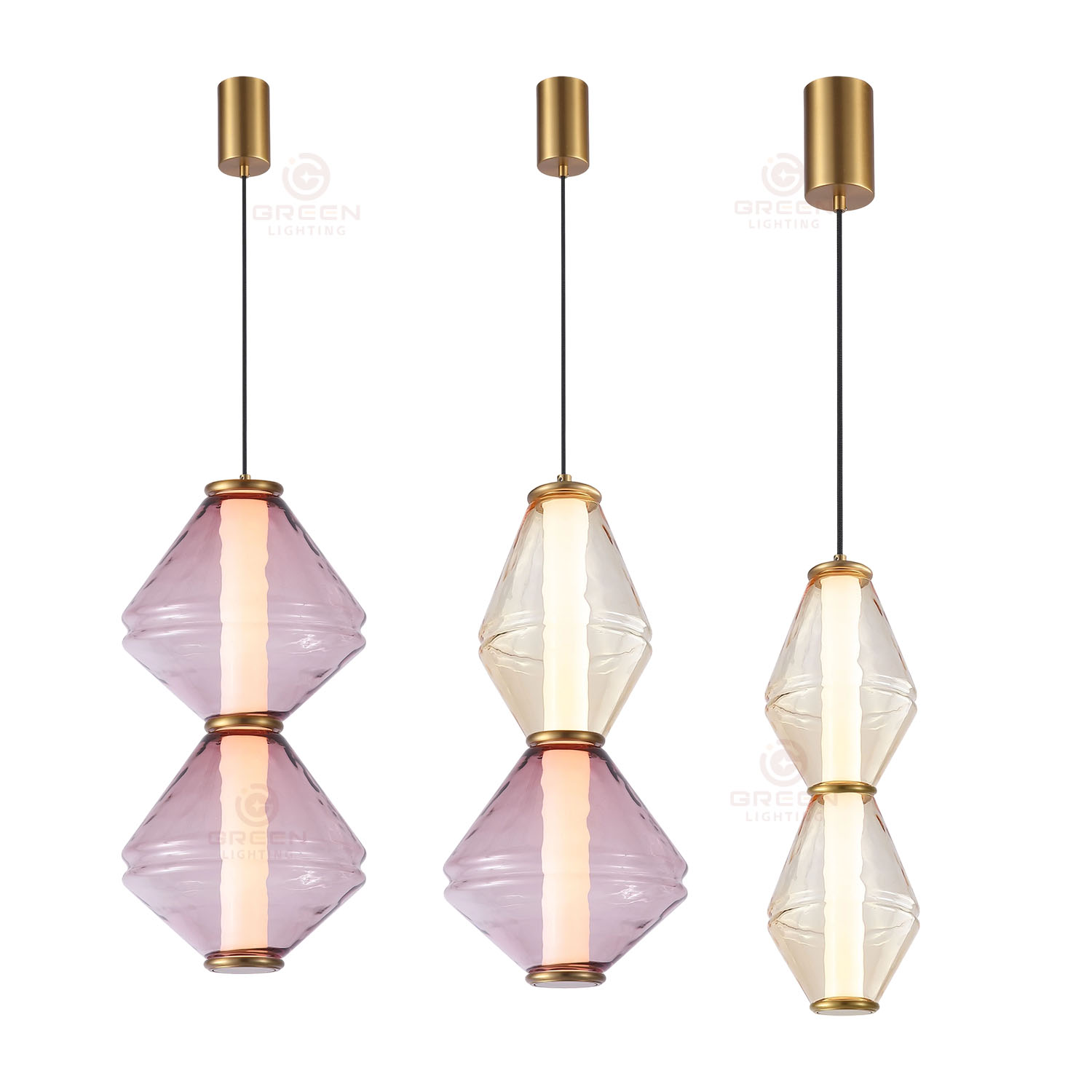 Suspension géométrique en verre double pour art moderne, cadre métallique brossé or / laiton avec abat-jours en verre taillé à la main façon diamant, pour salle à manger, salon, cuisine ou îlot central