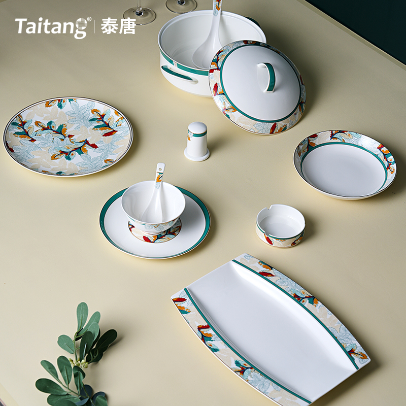 Botanical Whispers Luxury Bone China Dinnerware Set with Tropical Leaf Pattern & Gold Trim for Luxury Resorts