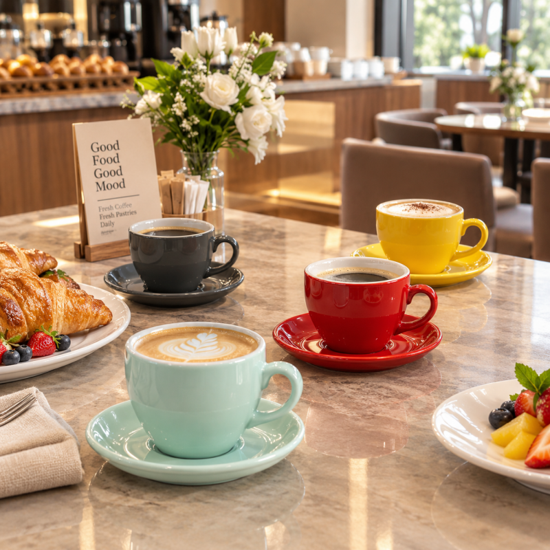 Four pastel ceramic coffee cups with matching saucers—mint green, dark grey, red, and yellow—arranged on a marble breakfast table with pastries, strawberries, and an iced coffee pitcher.png
