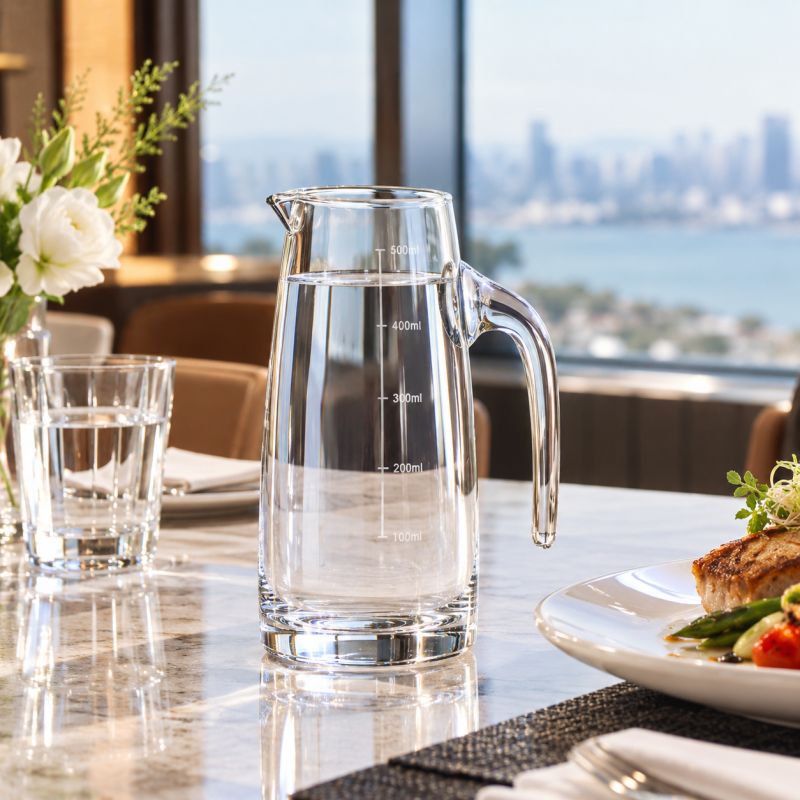 Taitang commercial 500ml graduated glass water carafe with ergonomic L-shaped handle filled with water on a luxury hotel dining table.png