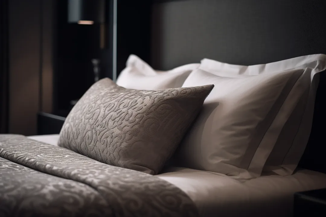 A modern hotel bed arrangement featuring four supportive white pillows and a decorative grey textured lumbar pillow for ergonomic guest comfort.
