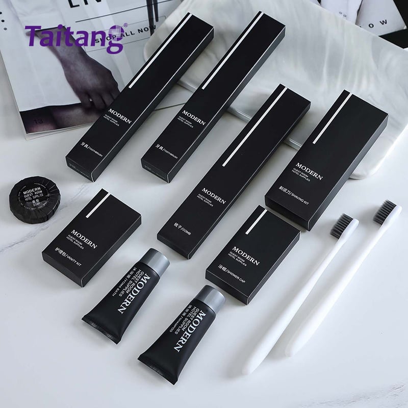 Taitang Modern Matte Black Luxury Hotel Amenities Set Premium Bulk Hotel Bathroom Supplies