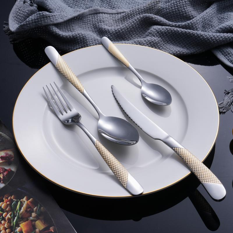 Luxury Restaurant Cutlery Set Gold Checkered Handle 201 Stainless Steel Cutlery for Hotels & Fine Dining