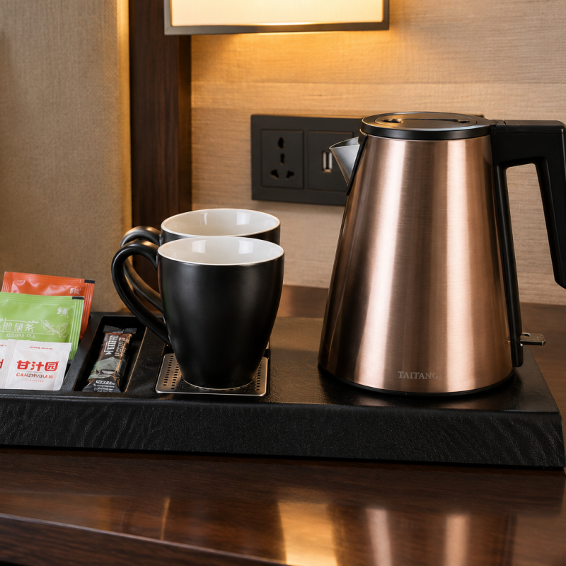 7. A Taitang rose gold commercial electric kettle on a dark textured wood hospitality tray with black mugs, offering a premium and durable guest room amenity setup for upscale hotel properties.png