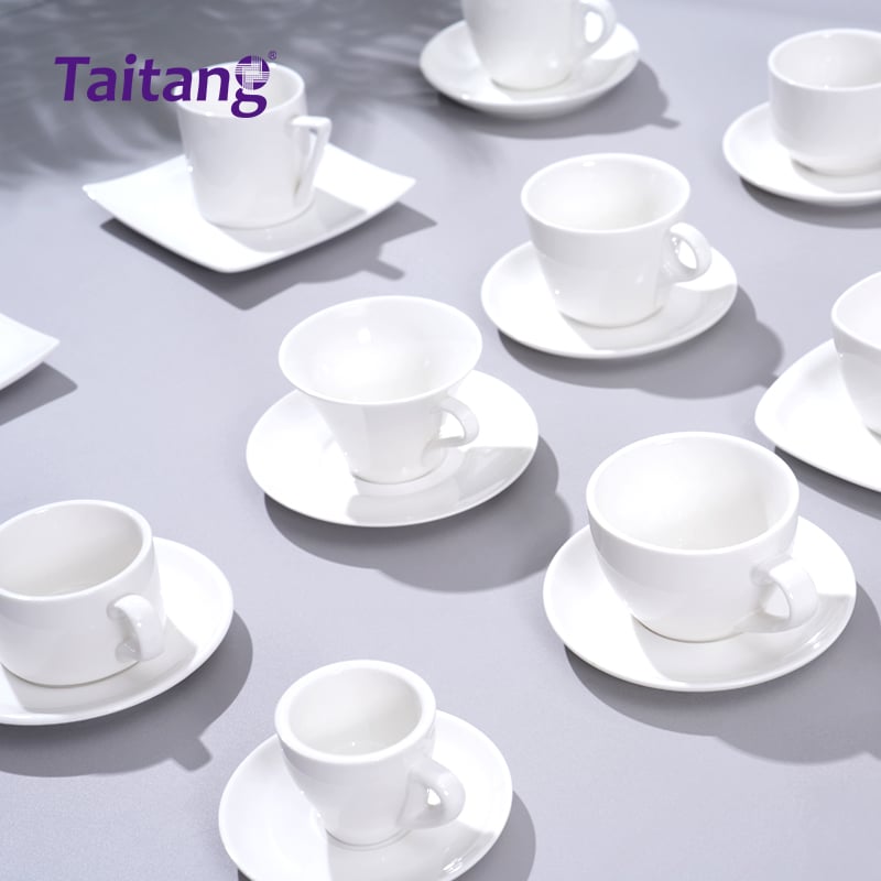 ชุดถ้วยกาแฟและจานรองถ้วยเซรามิกสำหรับขายส่ง ถ้วยกาแฟสีขาวสำหรับโรงแรม และถ้วยเอสเพรสโซ