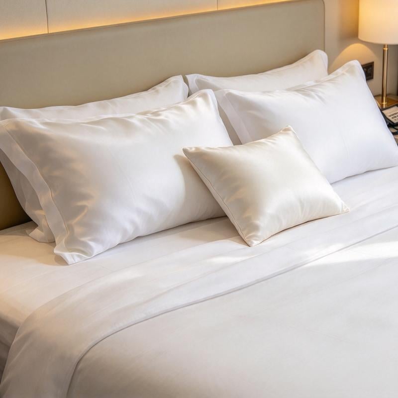Luxury hotel suite bed setup with premium white cotton sateen bedding set and Oxford pillowcases by Taitang.jpeg