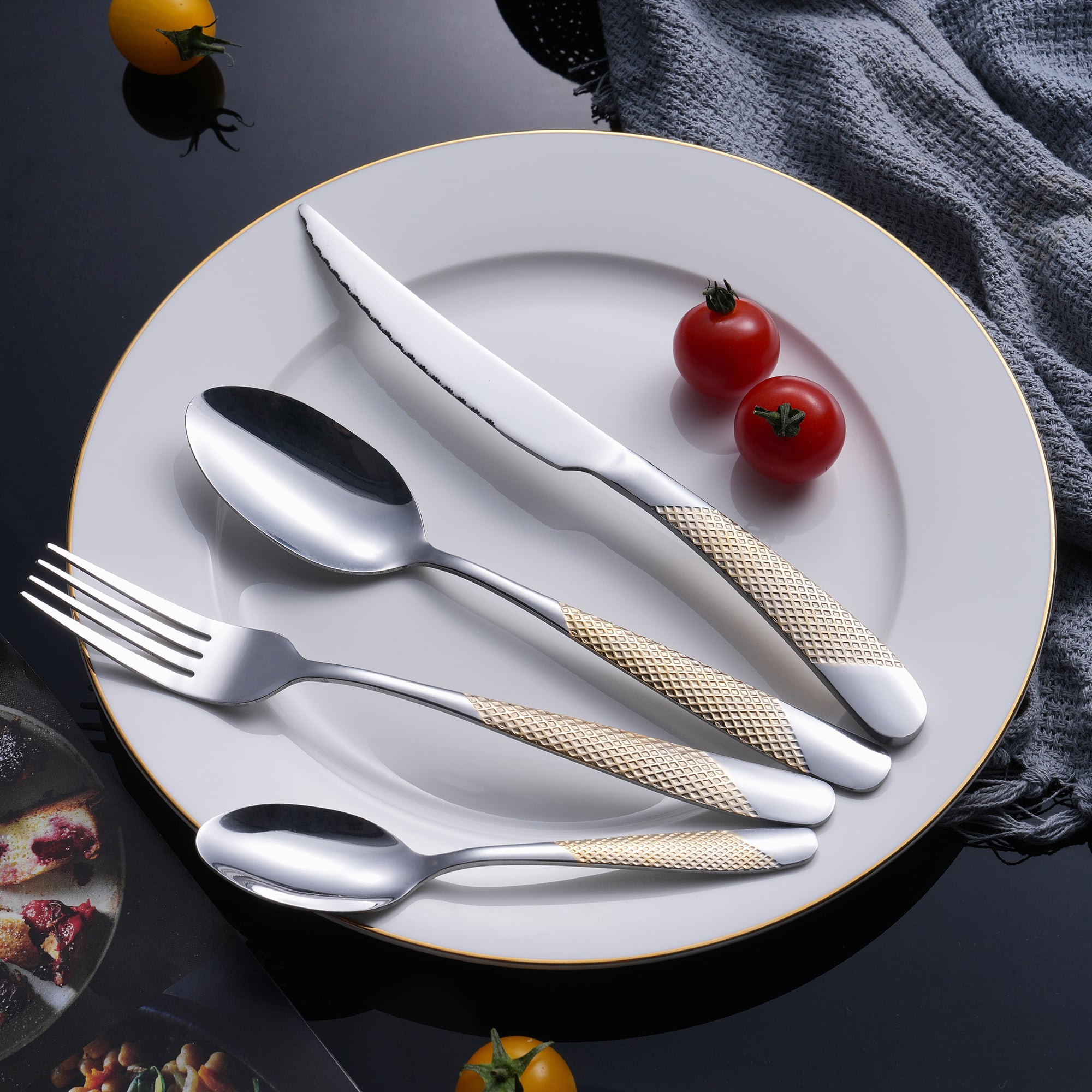 Luxury Restaurant Cutlery Set Gold Checkered Handle 201 Stainless Steel Cutlery for Hotels & Fine Dining
