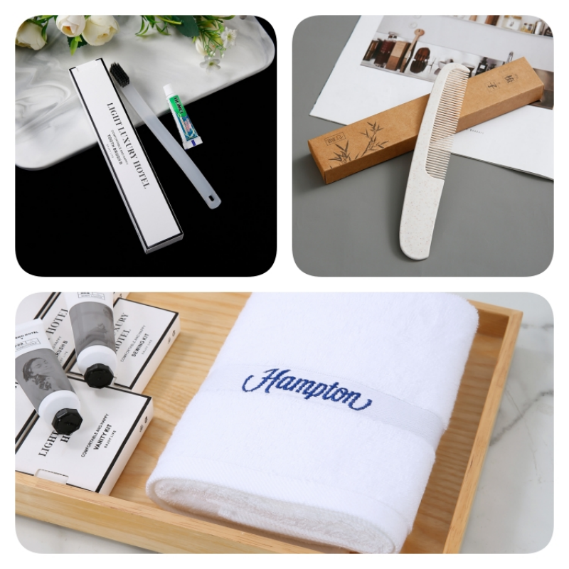 Customized hotel room amenities collage including eco-friendly toothbrush kit, bamboo comb, and custom embroidered Hampton bath towel by Taitang.png