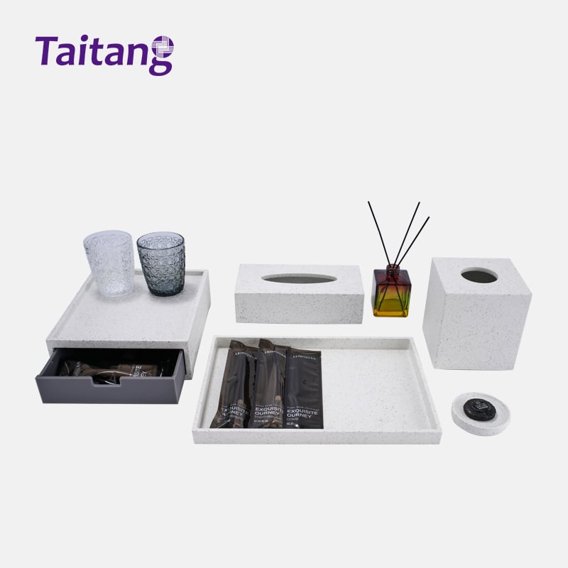 White Resin Bathroom & Guestroom Accessory Set Luxury Speckled Stone Amenity Tray for Hospitality