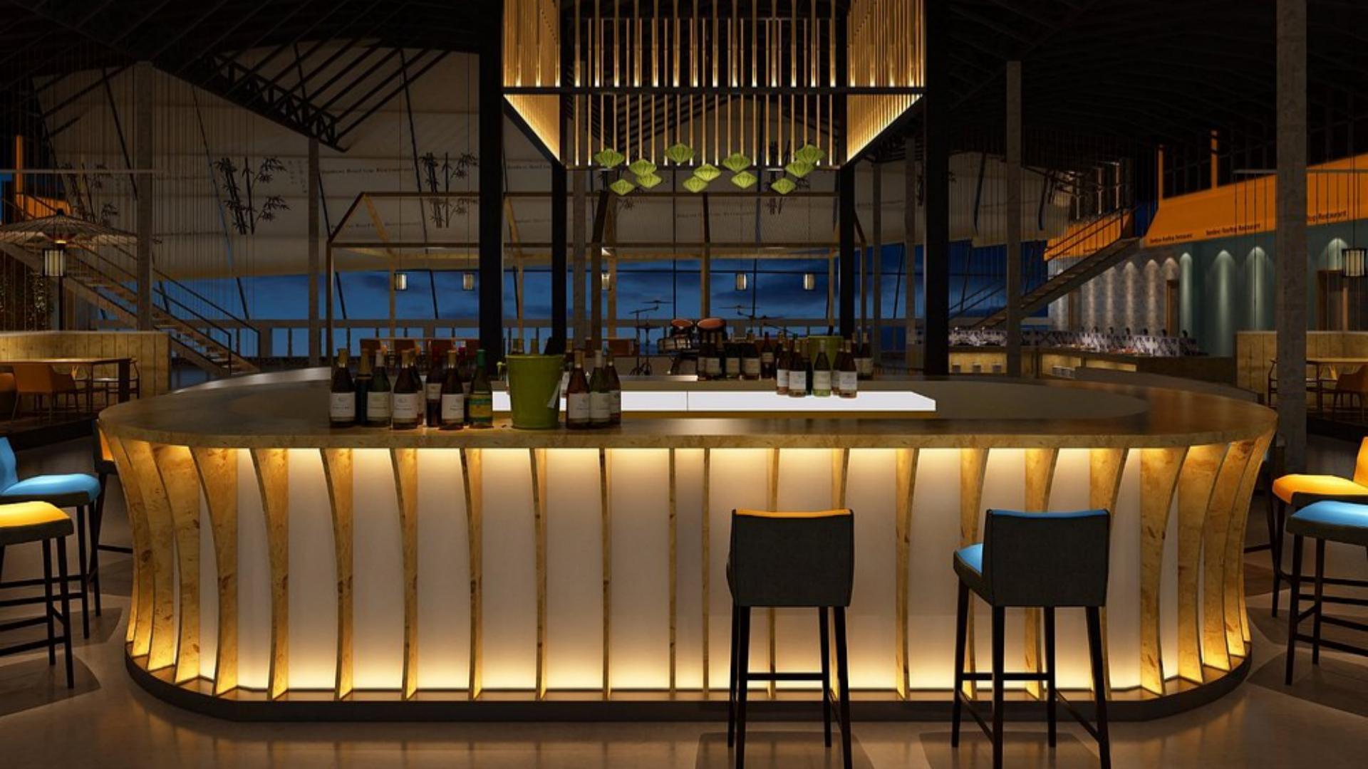 Modern hotel bar counter and restaurant lounge interior outfitted with commercial F&B supplies and table settings at 2000 Hotel.jpg