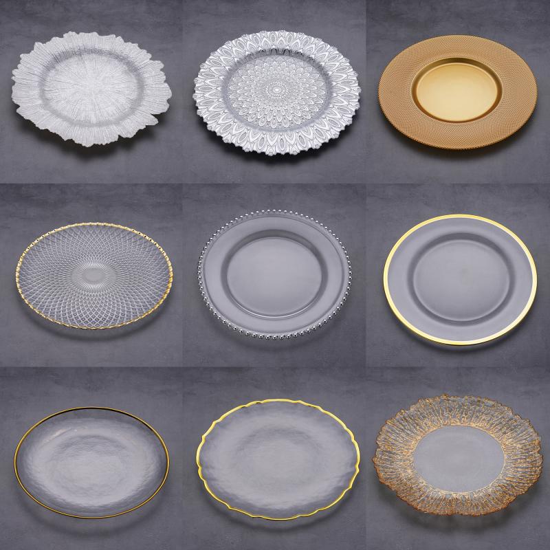 Lukse Glas-eteplate in groot hoeveelhede, elegante goudrand- en kraleversierde bruilof-laaiplekte vir hotelle en kateringsdienste