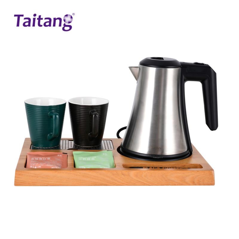 Wooden Hospitality Tea Station Tray Set Commercial Stainless Steel Electric Kettle Set for Hotel Rooms