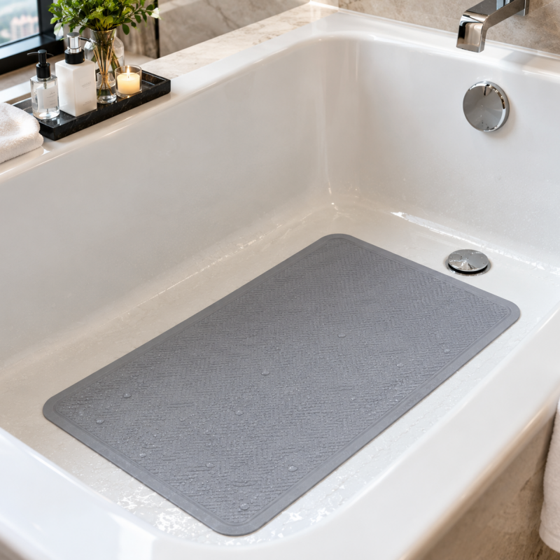 Taitang grey non-slip rubber bath mat placed inside a modern white bathtub for hotel bathroom safety.png