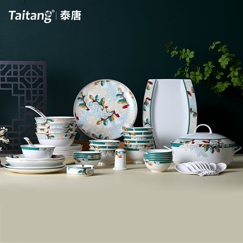 Botanical Whispers Luxury Bone China Dinnerware Set with Tropical Leaf Pattern & Gold Trim for Luxury Resorts