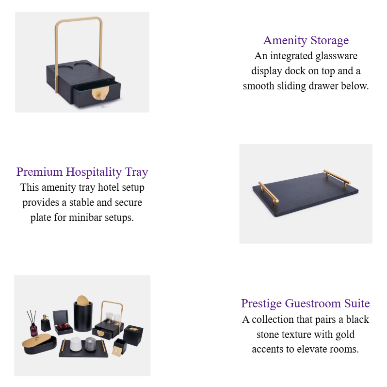 Luxury Resin Hotel Room Accessories Set Matte Black Stone & Gold Hospitality Tray Collection for Executive Suites.png